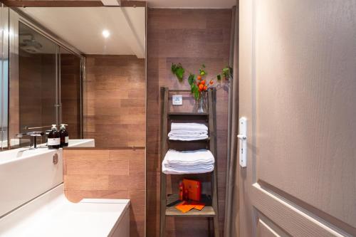 une salle de bain avec un lavabo et une étagère avec des serviettes dans l'établissement Artisan Lofts near Marais, à Paris