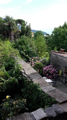 einen Garten mit Blumen und einem Steinweg in der Unterkunft Appartamenti Raineri in Domaso