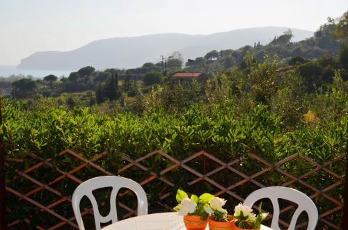 a table with two chairs and flowers on it at Elbamar Lacona in Lacona