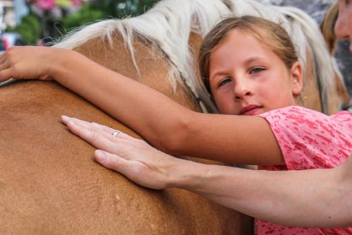 a little girl is hugging a brown horse at Reitanlage Dagnhof in Walchsee