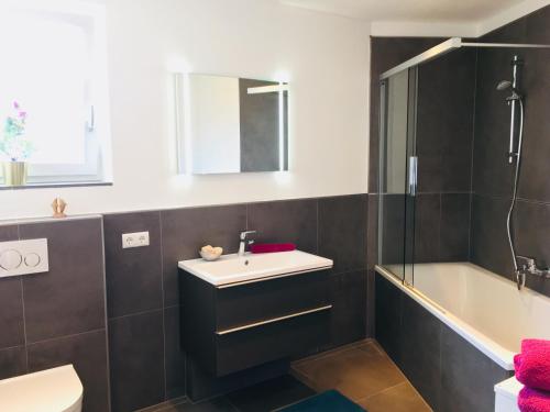 La salle de bains est pourvue d'un lavabo, d'une douche et de toilettes. dans l'établissement Apartment LUIZ, à Schwaz