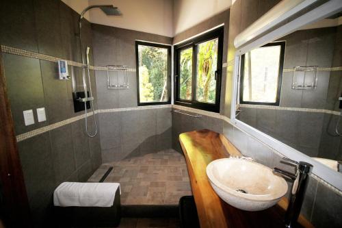uma casa de banho com uma banheira, um lavatório e um chuveiro em Oasis de las Palmas em Ojochal