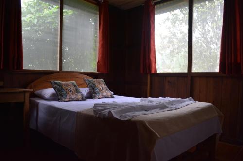 a bedroom with a bed with two pillows and two windows at Manu Gallito de las Rocas in Pillcopata