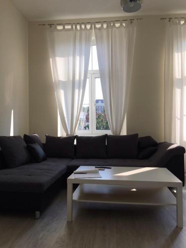 a living room with a couch and a coffee table at MVA House Teplice, Šanovský park in Teplice