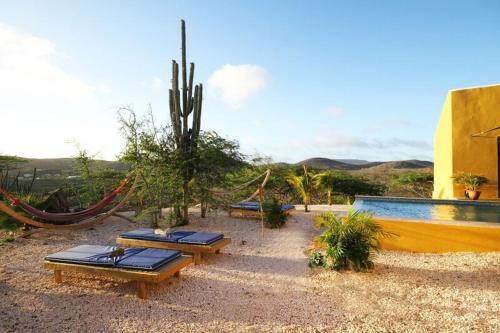a group of chaise lounges next to a pool at Landhuis Klein Santa Martha Boutique Hotel Restaurant. in Dorp Soto