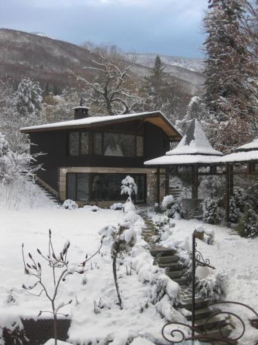 a house covered in snow with a snow covered yard at Vila 6aTo Hotel & Wellnes in Sofia