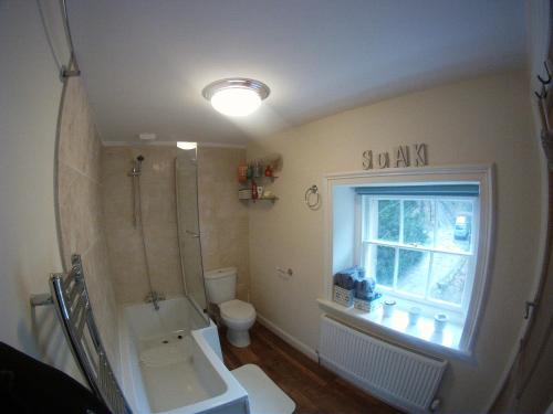 a bathroom with a sink and a toilet and a window at Gamekeepers Cottage in Hayfield