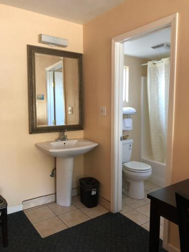ein Badezimmer mit einem Waschbecken, einem WC und einem Spiegel in der Unterkunft Arroyo Village Inn in Arroyo Grande