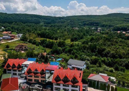 an aerial view of a town with red roofs at Hotel Sunny Hill in Cluj-Napoca