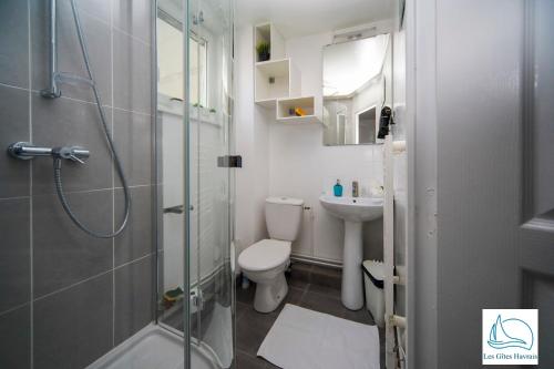 a bathroom with a shower and a toilet and a sink at Les Gîtes Havrais in Le Havre