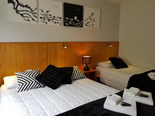 a hotel room with two beds with black and white pillows at Abisko Lodge in Methven