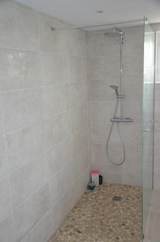 eine Dusche mit Glastür im Bad in der Unterkunft 23 Avenue Pasteur in Saint-Julien-du-Sault