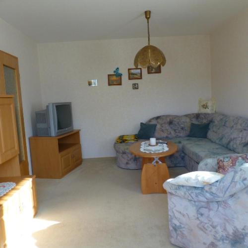 a living room with a couch and a tv at Ferienwohnung Junghans in Saalfeld