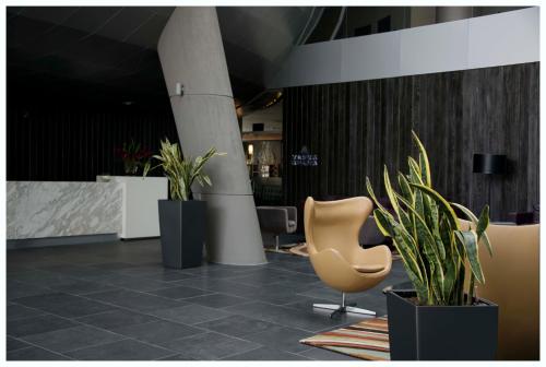 a lobby with two potted plants and a chair at Casa Grande Hotel in La Paz
