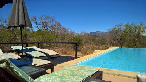 a swimming pool with chairs and an umbrella next to it at Vuyani Safari Lodge in Hoedspruit