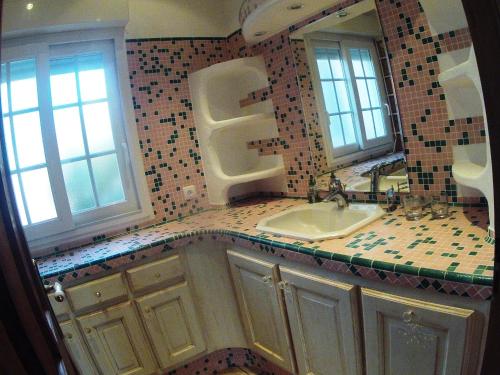 a bathroom with a sink and two windows and a counter at Residence La Beloutiere in Porto-Vecchio