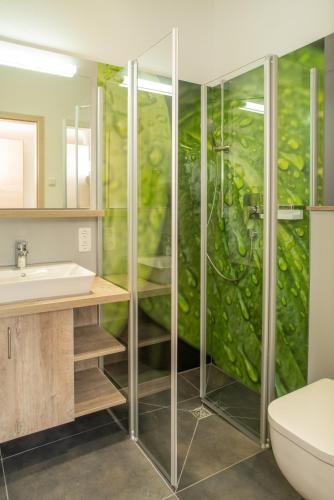 a bathroom with a shower with a green wall at Arena Hostel Allgäu in Sonthofen