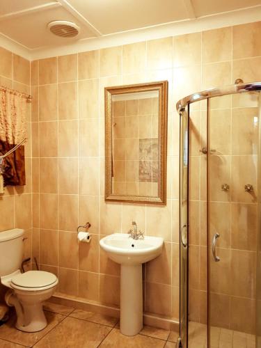 Un baño con inodoro, lavabo y ducha. en Kimberley Manor Guesthouse, en Kimberley