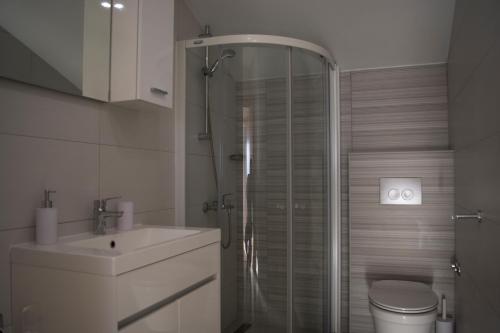 a bathroom with a shower and a toilet and a sink at Apartments and Rooms Lux in Senj