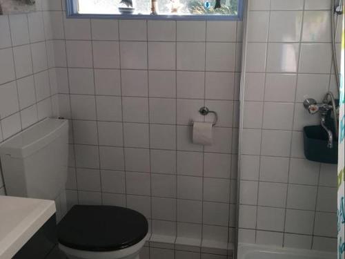 een badkamer met een zwart toilet en een raam bij Beach Chalet am Wasser Nr. 169 in Andijk