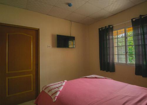 um quarto com uma cama rosa e uma janela em Residencial El Viajero em David