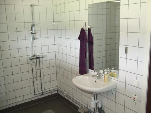a white tiled bathroom with a sink and a mirror at Baggetorps Vandrarhem in Vallhalla