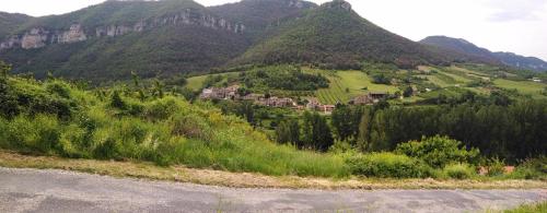 vistas a una montaña con una ciudad en una colina en Gite Du Tourdre, en La Cresse