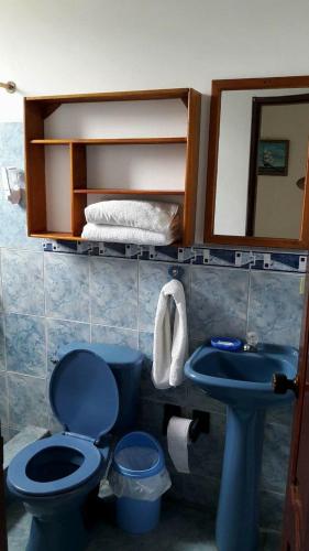 a bathroom with a blue toilet and a sink at Hospedaje Sarita in Puerto Villamil