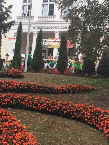 a garden with red flowers in front of a building at Apart Promenada Gwiazd in Międzyzdroje