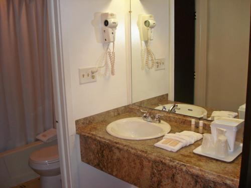 a bathroom with a sink and a mirror and a toilet at GuestLodge in West Dennis