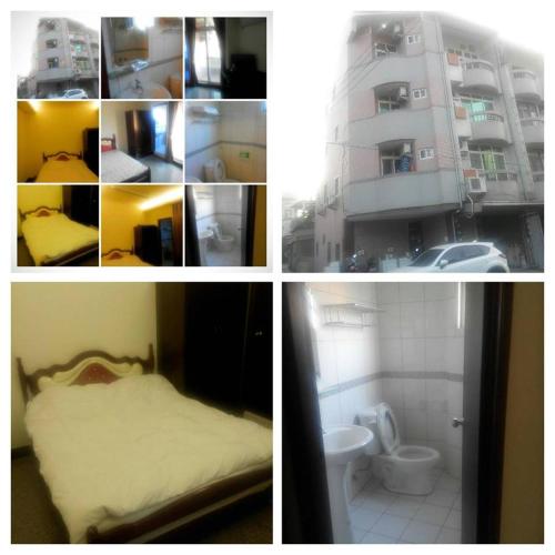 a collage of pictures of a bedroom and a bathroom at Lanzhou 4th St in Chiayi City