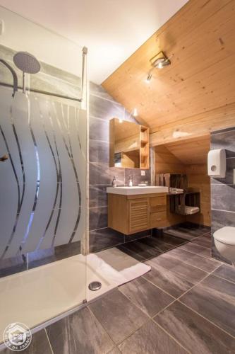 une salle de bain avec une douche, des toilettes et un lavabo dans l'établissement Auberge Du Fraizier, à Thônes