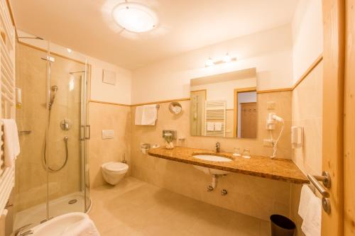 een badkamer met een wastafel, een douche en een toilet bij Hotel Plunger in Castelrotto