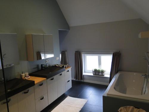 uma casa de banho com um lavatório, uma banheira e uma janela. em Zucchero Apartment Brugge em Bruges