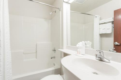 a white bathroom with a sink and a tub and a toilet at Microtel Inn & Suites Marianna in Marianna
