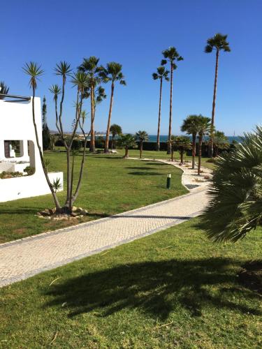 a park with palm trees and a walkway at Apartamento Pé na Areia, Clube Nautilus, Porches in Armação de Pêra