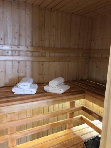 a sauna with two white towels sitting in it at Family & Business Sauna Apartments No1 Leśny nad Zalewem Cedzyna Unikat - 3 Bedroom with Private Sauna, Bath with Hydromassage, Terrace, Garage, Catering Options in Kielce