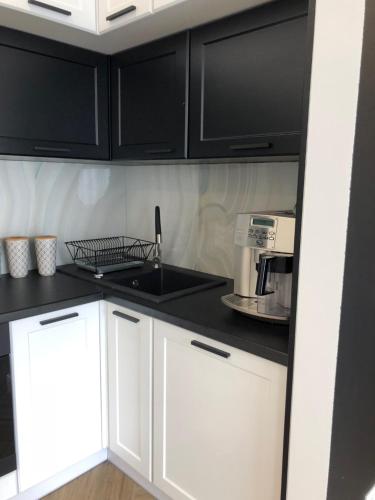 a kitchen with black and white cabinets and a sink at Family & Business Sauna Apartments No1 Leśny nad Zalewem Cedzyna Unikat - 3 Bedroom with Private Sauna, Bath with Hydromassage, Terrace, Garage, Catering Options in Kielce