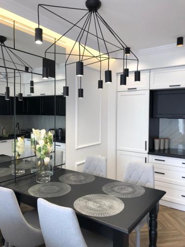 a dining room with a black table and chairs at Family & Business Sauna Apartments No1 Leśny nad Zalewem Cedzyna Unikat - 3 Bedroom with Private Sauna, Bath with Hydromassage, Terrace, Garage, Catering Options in Kielce