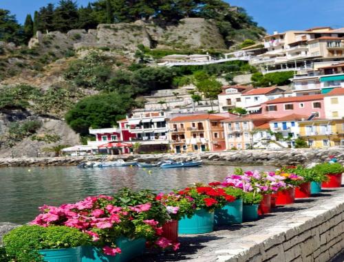 a row of flowers inront of a river with houses at Sunsets in Thassos 2 in Skala Sotiros