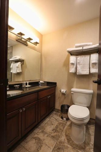 a bathroom with a toilet and a sink and a mirror at Arrow Hotel in Broken Bow