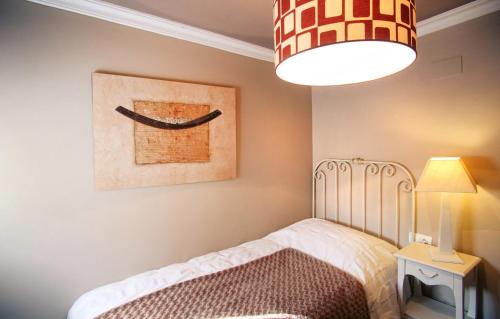 a bedroom with a bed and a chandelier at Apartamentos Alcoba de Baco in Barbastro