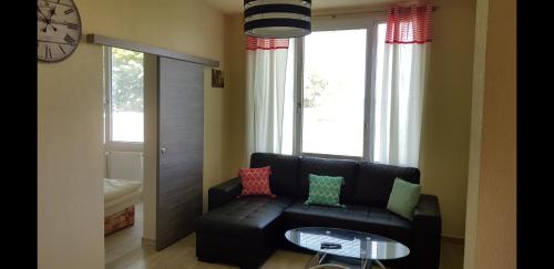 a living room with a black couch with colorful pillows at Country House Reem in Pommeuse