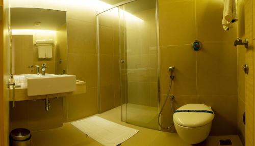 a bathroom with a shower and a toilet and a sink at KVM Hotels Srirangam in Tiruchchirāppalli