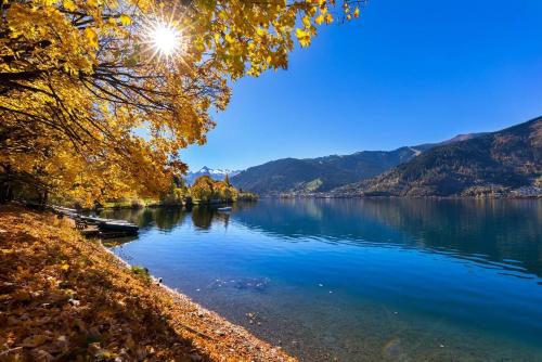 a view of a lake in the fall at Appartement Schmittenblick in Zell am See