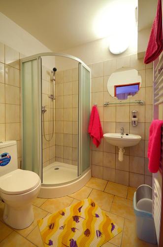 a bathroom with a shower and a toilet and a sink at Privat Monika in Liptovský Mikuláš