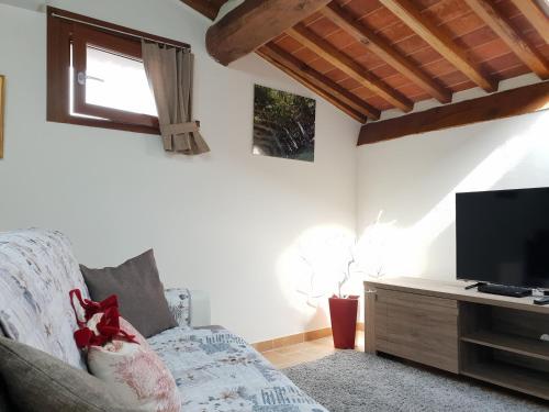 sala de estar con sofá y TV de pantalla plana en Mansarda degli Ulivi, en Rigomagno