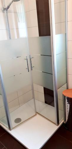 a shower with a glass door next to a table at Apartment Hallstadt in Hallstadt