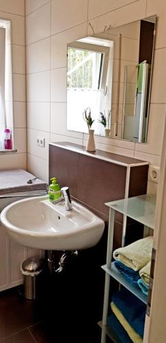 uma casa de banho com um lavatório e um espelho em Apartment Hallstadt em Hallstadt