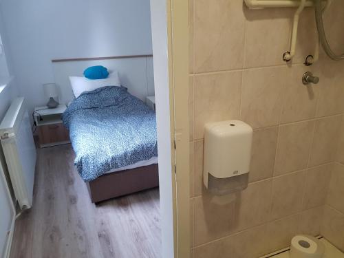 a small room with a bed and a bathroom at Apartment Petra in Slatina